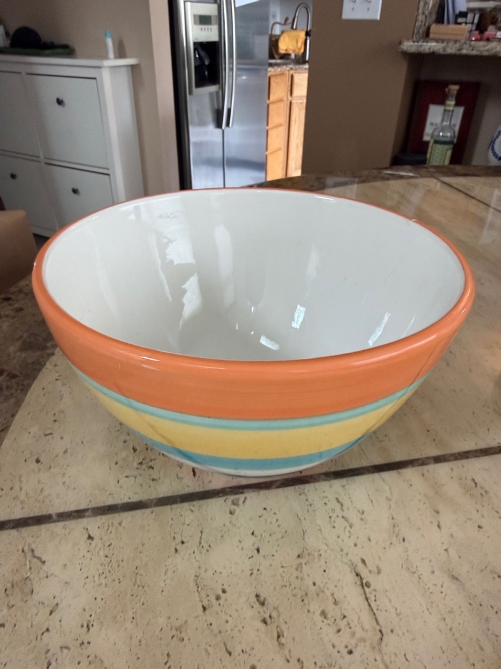 Crate&Barrel Orange, Yellow & Blue Striped Ceramic Serving Bowl